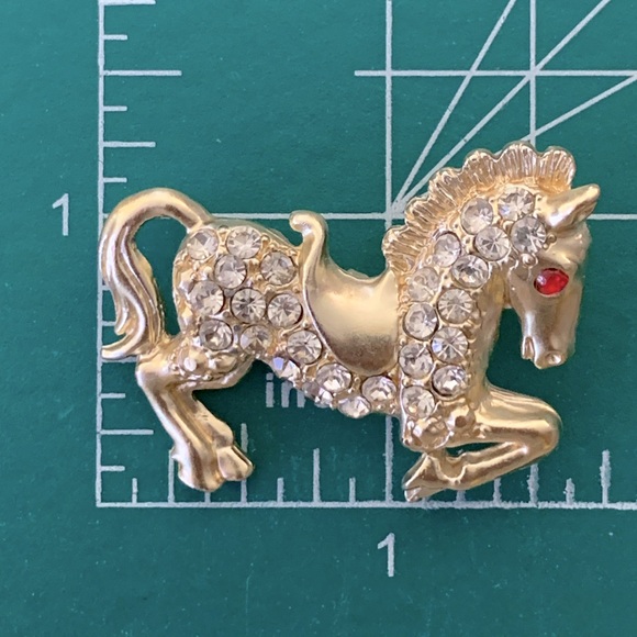 Vintage Running Horse Rhinestone Golden Brooch Pin - Picture 2 of 5